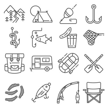 Balıkçılık gri çizgi vektör çizim simge seti.