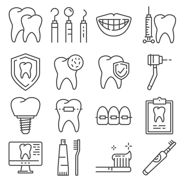 Ícones de linha de atendimento odontológico e serviços odontológicos — Vetor de Stock