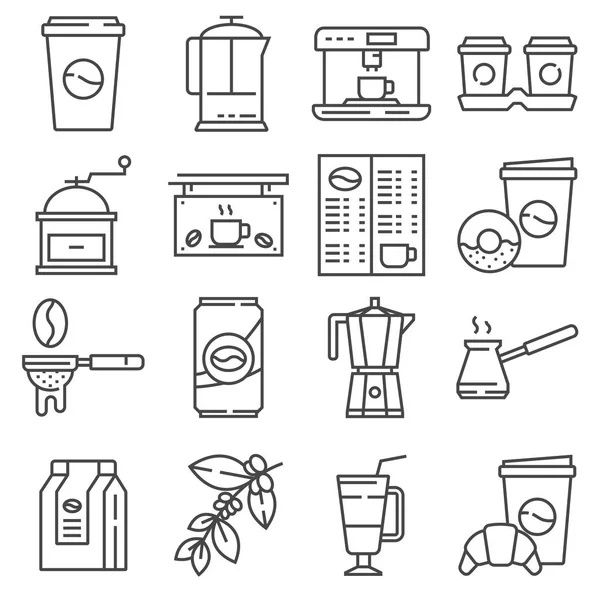 线咖啡，咖啡店图标设置。杯子、茶壶、饮料、咖啡厅等. — 图库矢量图片