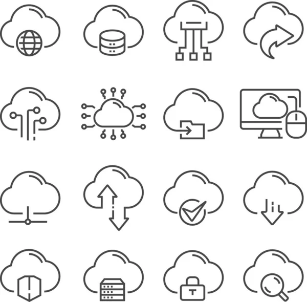 Tecnología de datos en la nube. Conjunto de iconos web de línea delgada . — Archivo Imágenes Vectoriales