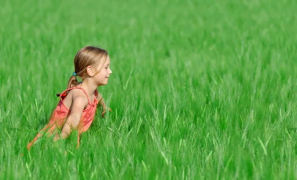 Cute Little Blonde Girl Red Dress Running Green Field — Stock Photo, Image