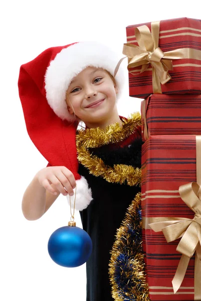 Menina Bonito Boné Papai Noel Com Presentes Natal Fundo Branco — Fotografia de Stock