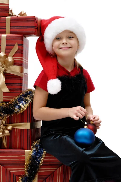 Schattig Klein Meisje Een Santa Claus Dop Met Giften Van — Stockfoto