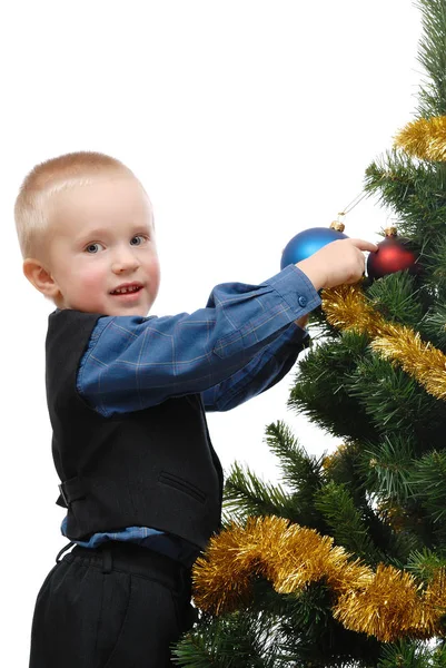 Menino Com Árvore Natal Fundo Branco Isolado — Fotografia de Stock