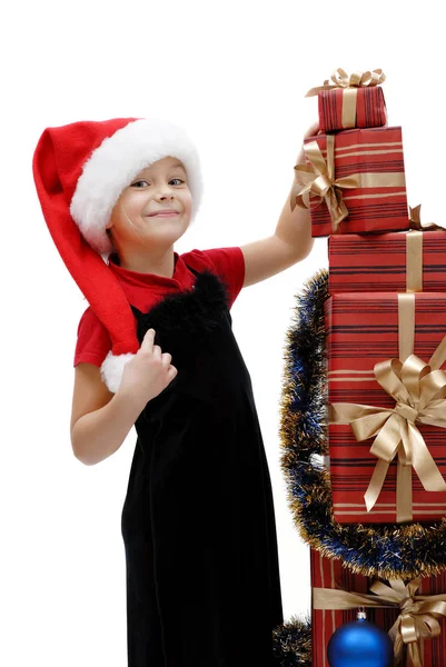 Menina Bonito Boné Papai Noel Com Presentes Natal Fundo Branco — Fotografia de Stock