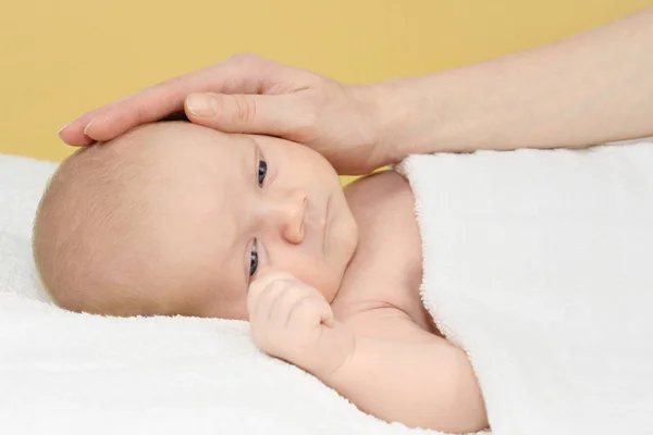 Schattige Pasgeboren Baby Jongen Liggen Een Witte Deken Zijn Moeder — Stockfoto