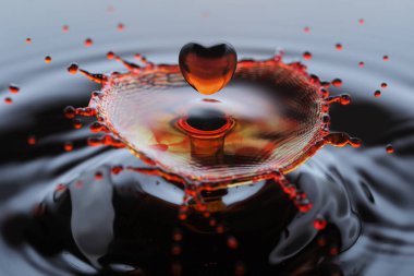 Yağmur damla su yüzeyine düşen kırmızı kalp şeklinde. Sıçrama.