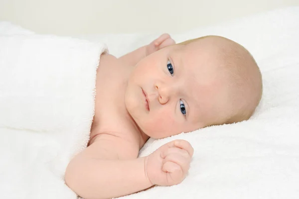 Schattige Pasgeboren Baby Jongen Liggend Een Witte Deken — Stockfoto