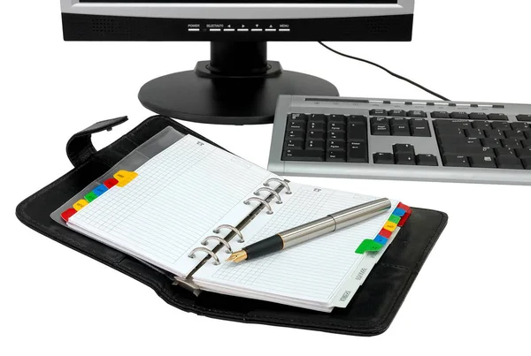 Computer Monitor Keyboard Notepad White Background Isolated — Stock Photo, Image