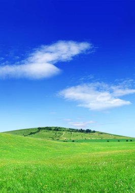 Pastoral görünümü, yeşil tepeler ve mavi gökyüzü beyaz bulutlar ile