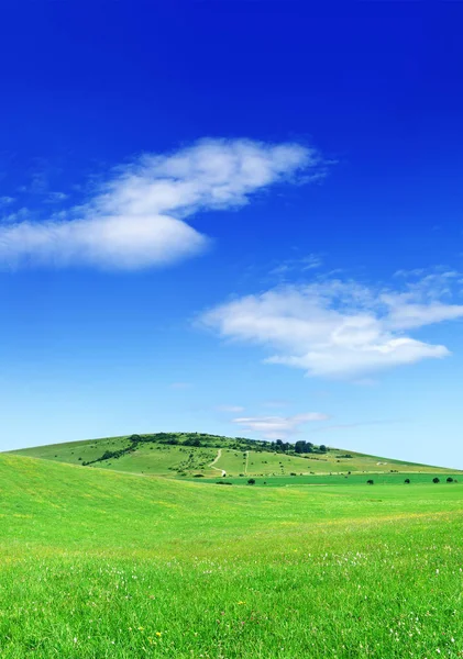 Pastoral görünümü, yeşil tepeler ve mavi gökyüzü beyaz bulutlar ile