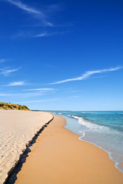 Deniz manzarası, boş kumlu plajı ve mavi deniz