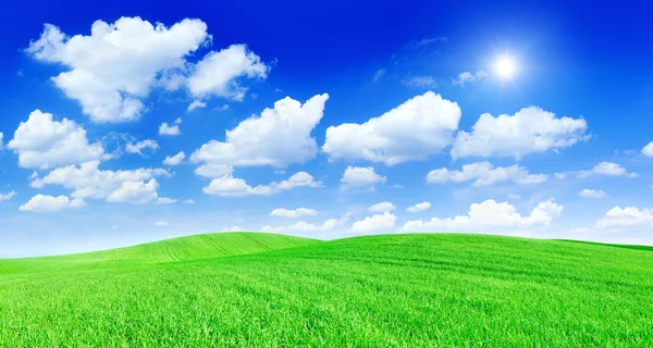 Vista idílica, sol brillando sobre verdes campos rodantes — Foto de Stock