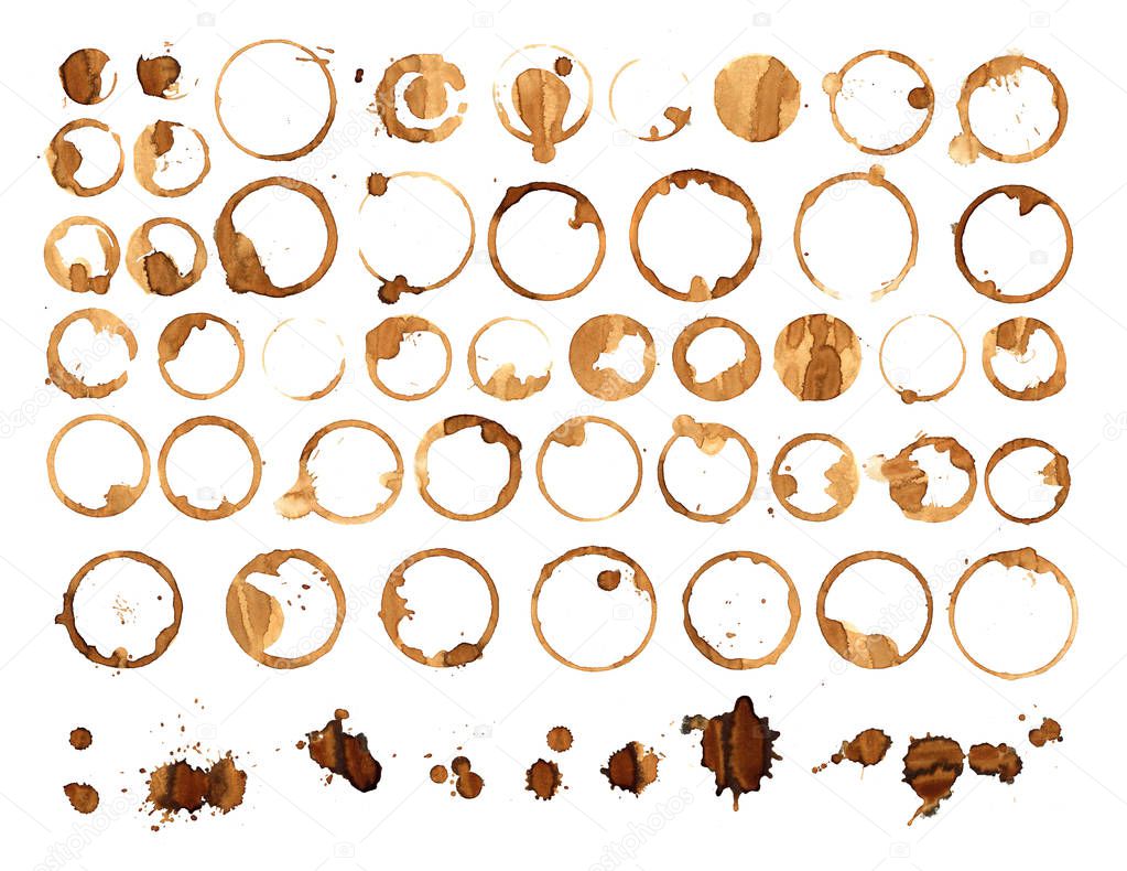 Set of various coffee stains from cups isolated on white background.