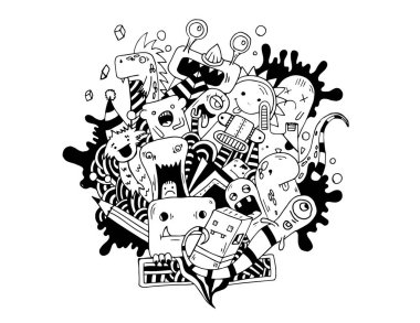 Beyaz üzerinde el çizim doodle canavarlar