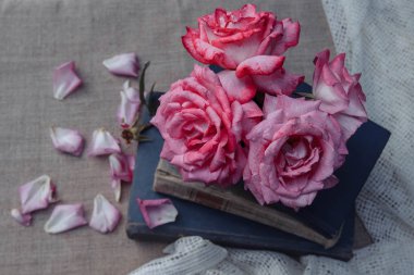 Beyaz vintage perde ile eski kitaplar üzerinde gül buketi