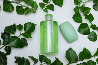 Beyaz arka planda plastik şişe, kozmetik tonik, mikiler su ve sabun sarmaşık dalları ve yeşil yapraklar, cilt bakımı konsepti, kaplıca, saç bakımı, güzellik salonu