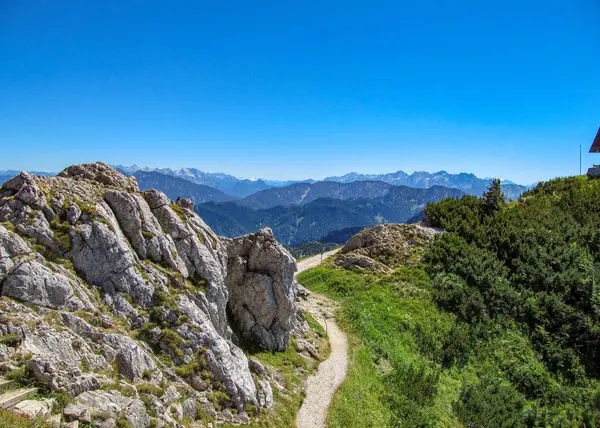 Vedere Hochfell Munte Panorama Lacului Bavarez Chiemsee Vârf Cruce — Fotografie, imagine de stoc