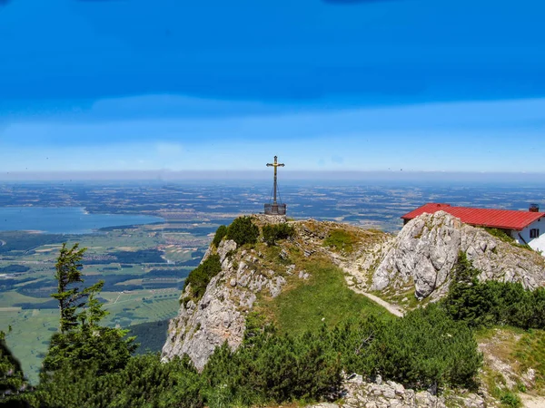 Kilátás Hegy Hochfell Bajorországi Chiemsee Panoráma Csúcs Kereszt — Stock Fotó