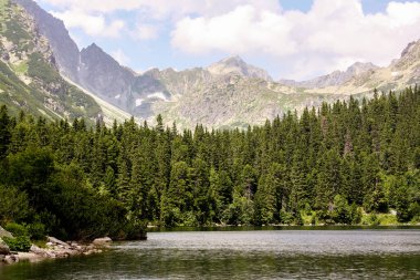Panorama göl ve şelaleler ile yüksek tatra yeşil beskid dağlardan