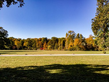 Park sonbahar yatay, sonbahar renkli ağaçlar, çayır ve nehirler Weimar, Thuringia, Almanya