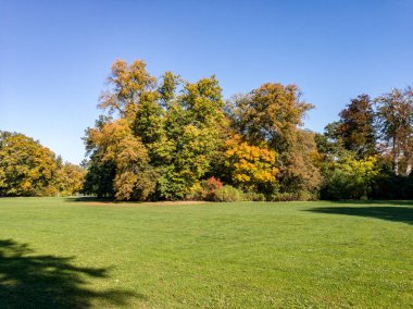 Park sonbahar yatay, sonbahar renkli ağaçlar, çayır ve nehirler Weimar, Thuringia, Almanya