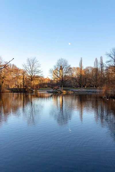 池塘在公园与浪漫的桥梁 教会在冬天在莱比锡与蓝天 — 图库照片