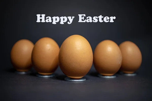Arrangement Several Eggs Easter Black Background Text Happy Easter English — Stock Photo, Image
