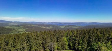Panorama çayır ve orman ile Çek Cumhuriyeti ve Avusturya sınırındaki Vltava Nehri'nin Lipno rezervuar.