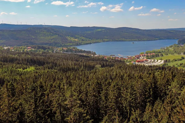 Panorama çayır ve orman ile Çek Cumhuriyeti ve Avusturya sınırındaki Vltava Nehri'nin Lipno rezervuar.