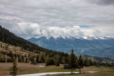 Avusturya Alpleri'nde kar ile ilkbaharda yüksek dağlar, yeşil çayırlar ve ağaçlar ile bir alp manzara Panorama