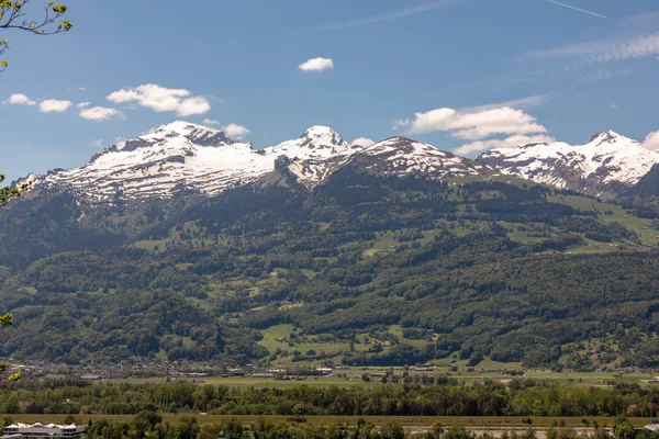 Panorama Paisaje Alpino Con Altas Montañas Verdes Prados Árboles Primavera — Foto de Stock