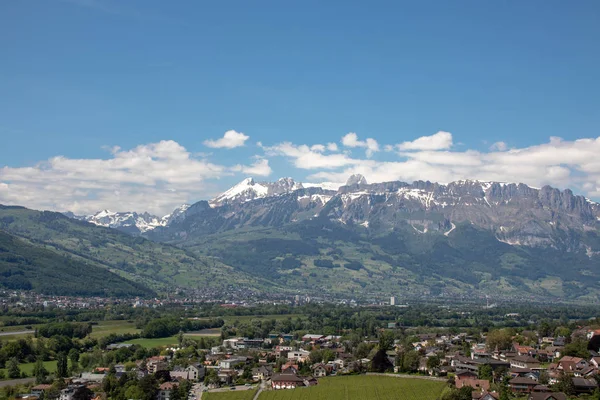 Panorama Van Een Alpenlandschap Met Hoge Bergen Groene Weiden Bomen — Stockfoto
