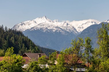 Arka planda yüksek dağlar ve İsviçre alplerinde eski bir köyün kiremitli çatıları ile görünümü
