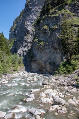 İsviçre Alpleri'ndeki bir geçitte vahşi bir nehrin manzarası