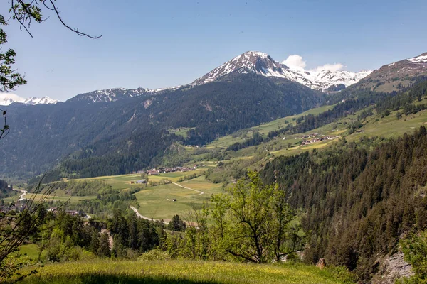 Vista Prados Verdes Pastagens Frente Altas Montanhas Nos Alpes Suíços — Fotografia de Stock