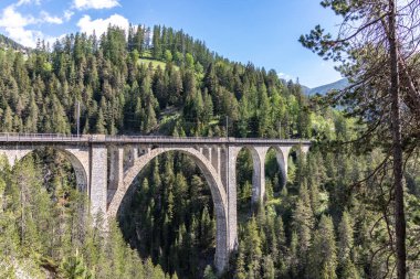 Davos Wiesen köyü yakınlarındaki Rhaetian Demiryolu'nun tarihi Wiesen Viyadüğü'nden manzara, İsviçre Alpleri