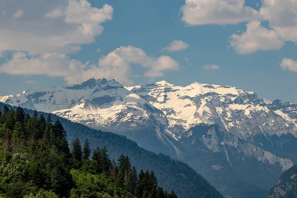 Vista Montañas Nevadas Detrás Verdes Montañas Boscosas Cielo Azul Los — Foto de Stock