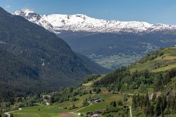 Uitzicht Besneeuwde Bergen Achter Groene Beboste Bergen Bij Blue Sky — Stockfoto