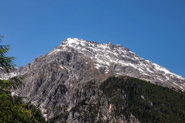 Blick Auf Verschneite Berge Hinter Grünen Bewaldeten Bergen Bei Blauem — Stockfoto