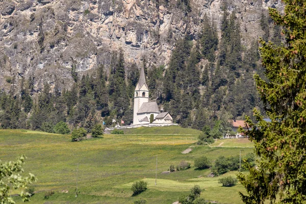 Pohled Vesnici Švýcarských Alpách Loukami Horami Kravami Kostelem Nádhernými Domy — Stock fotografie