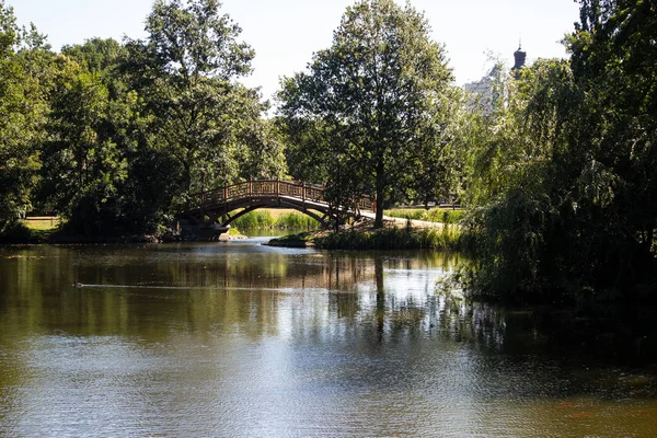 Bela Vista Uma Paisagem Parque Com Avenidas Lagoa Ponte Árvores — Fotografia de Stock