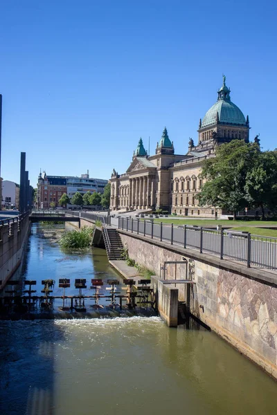 Panorama of the Federal Administrative Court Leipzig - Germany with River in the foreground at blue sk