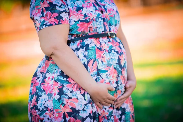 Kobieta Ciąży Kolorowe Zewnątrz Zbliżenie Brzuch — Zdjęcie stockowe