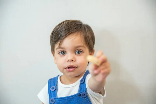 Bebê Bonito Criança Com Romper Azul Fundo Branco Comer Wafer — Fotografia de Stock