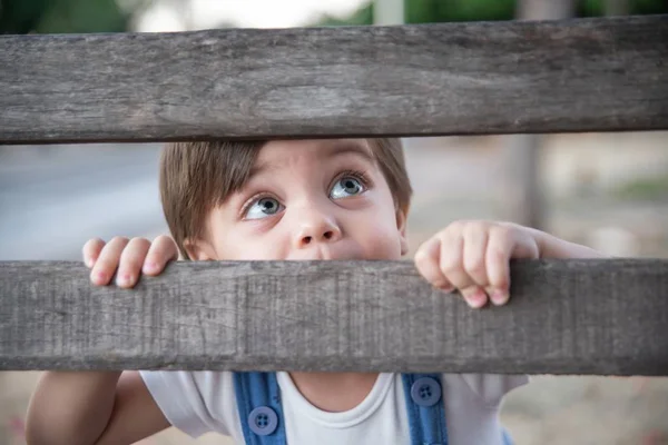 ロンパー ベンチに庭のかわいい赤ちゃんの少年幼児 — ストック写真