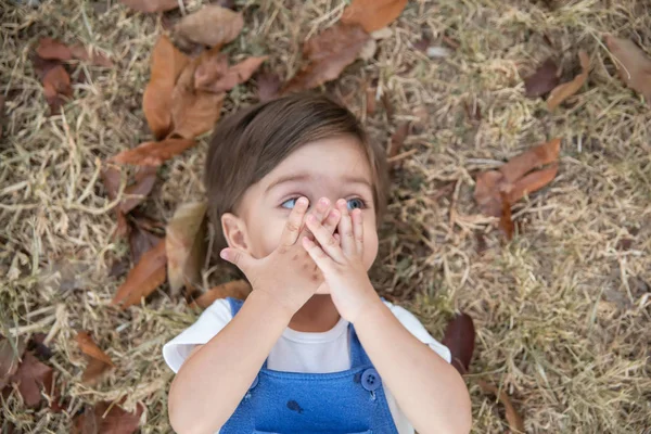 Schattige Baby Jongen Peuter Liggend Droog Gras Handen Mond — Stockfoto