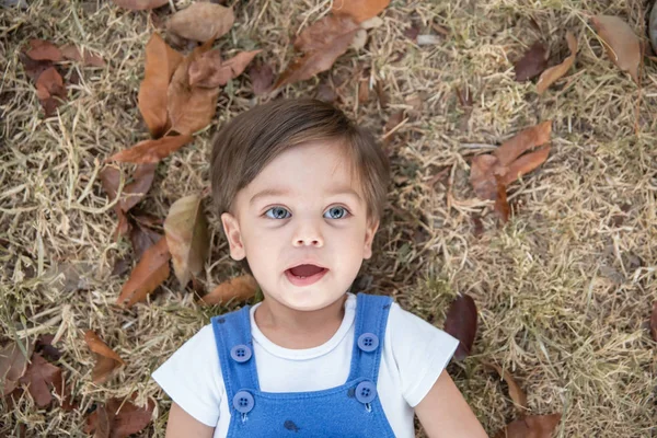 Toddler Chłopiec Cute Baby Leżąc Suchej Trawy Otwarte Usta — Zdjęcie stockowe