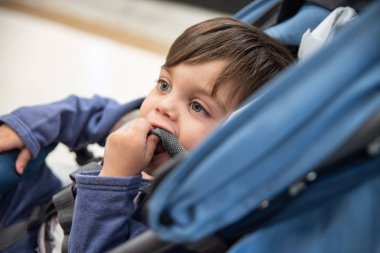 Şirin bebek çocuk yürümeye başlayan çocuk - bebek arabası üzerinde