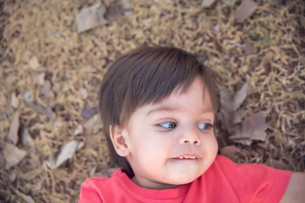 Cute Baby Boy Malucha Leżącego Suchej Trawy — Zdjęcie stockowe